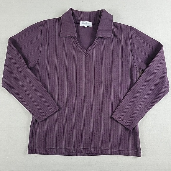 Humoresque Ribbed Knit Collared Tops - Humoresque Ribbed Knit Collared Top Women's L Plum Purple Long Sleeve Y2K Era